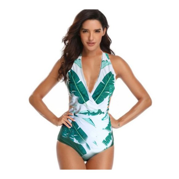 ZERACA Swim Zeraca White Green Leaf One Piece Halter Swimsuit